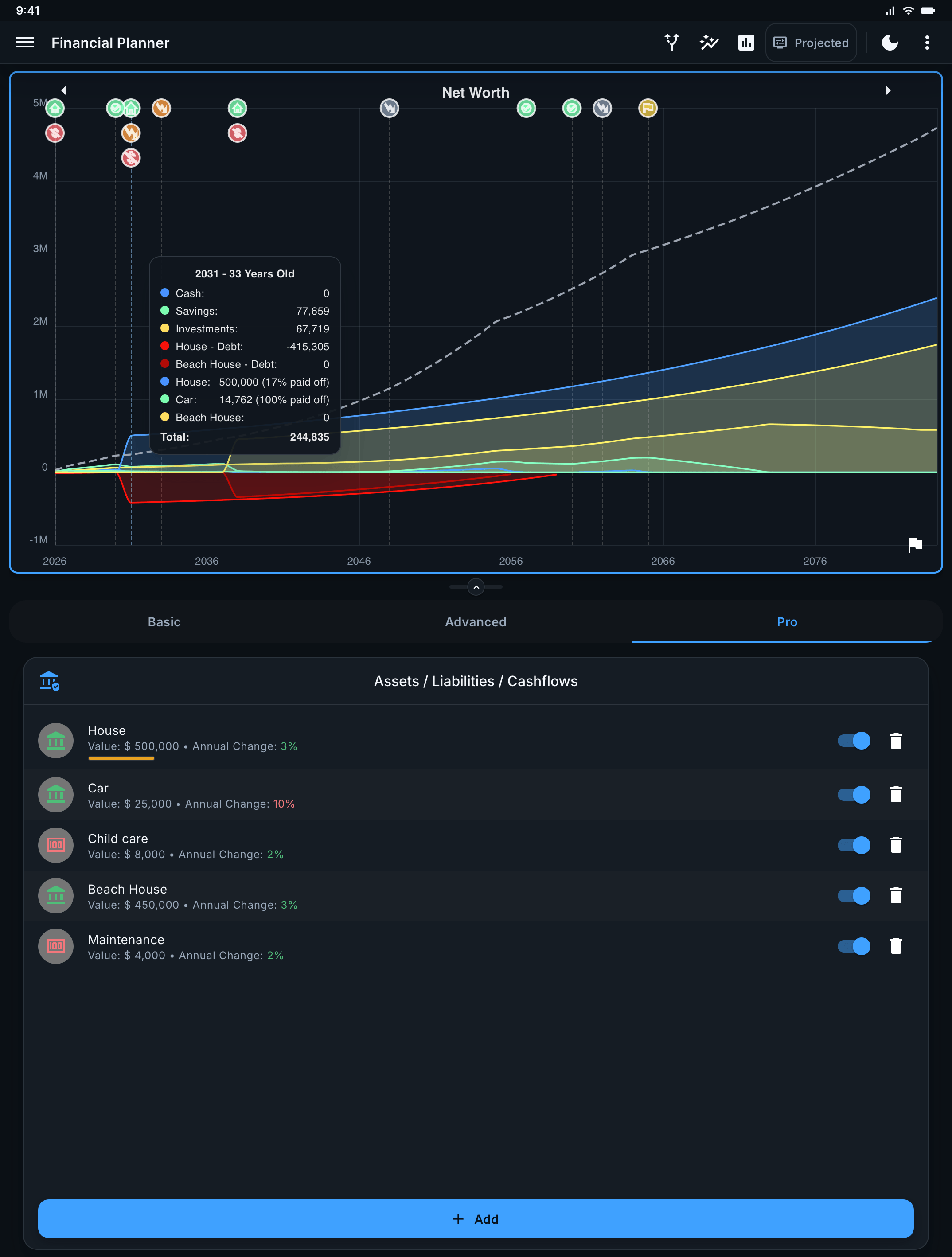 Prosper retirement planner showing net worth projection with scenario markers on iPad